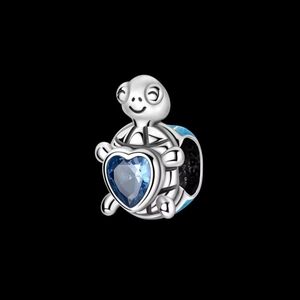 Silver Turtle Charm with Blue Heart Gem For Bracelets And Necklace